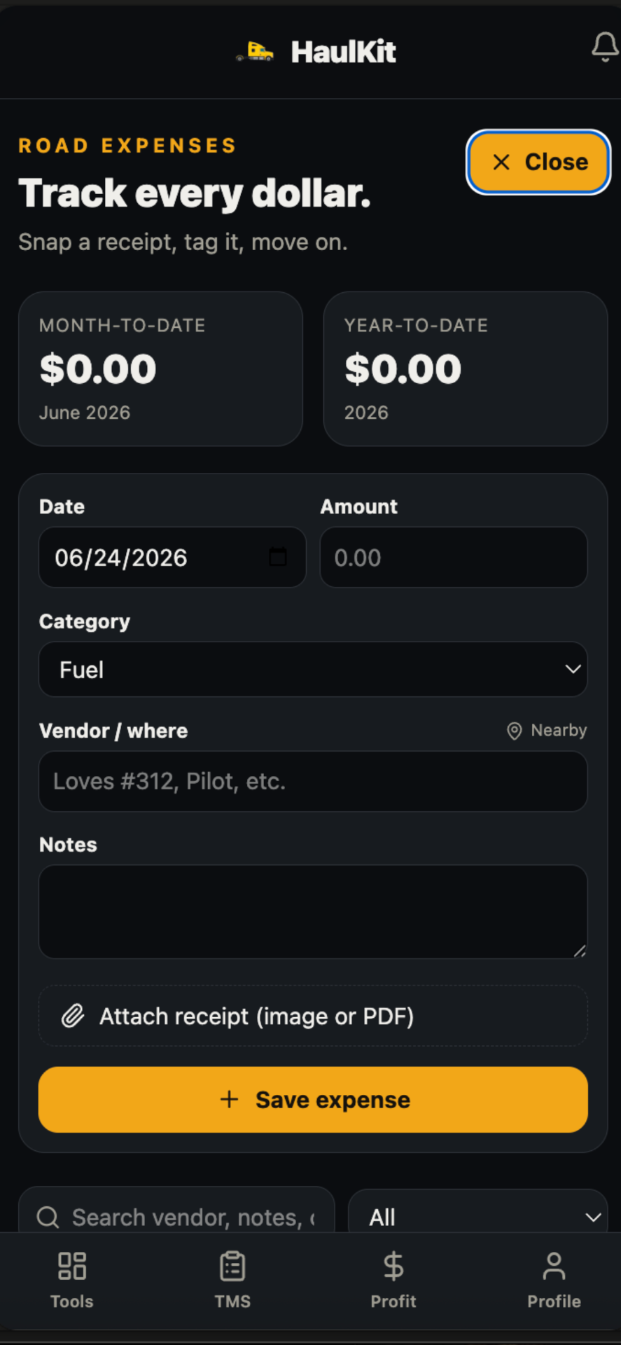 Expenses screen