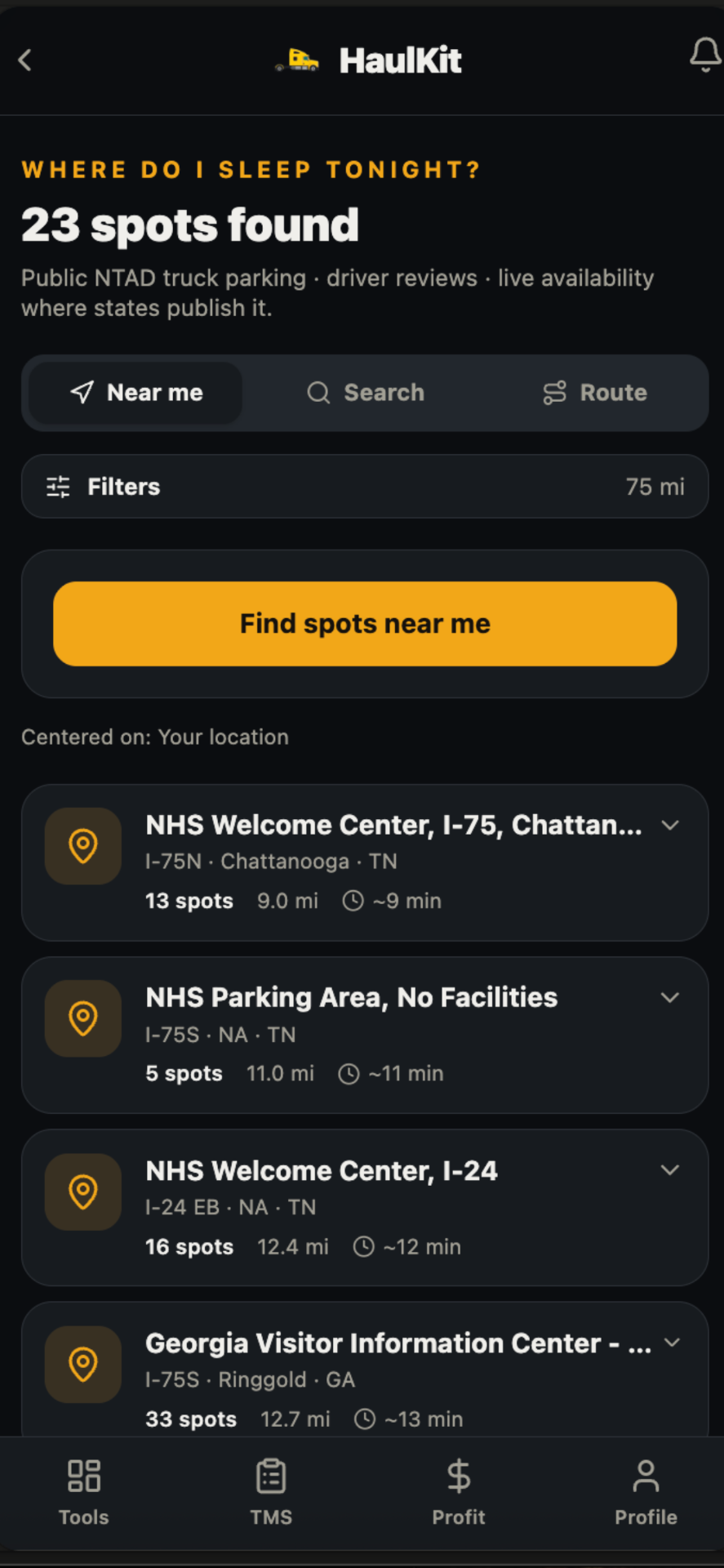 Safe Parking screen