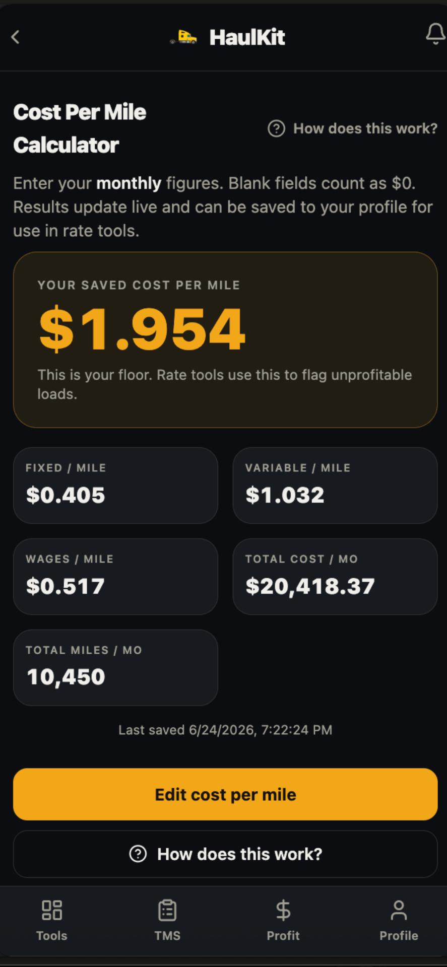 Cost per Mile screen