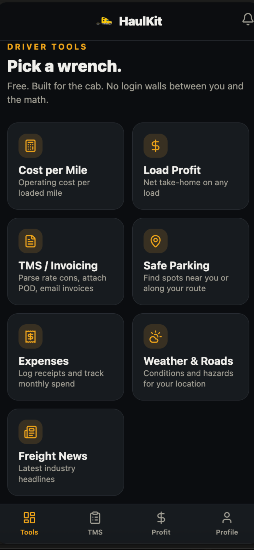 HaulKit driver tools home
