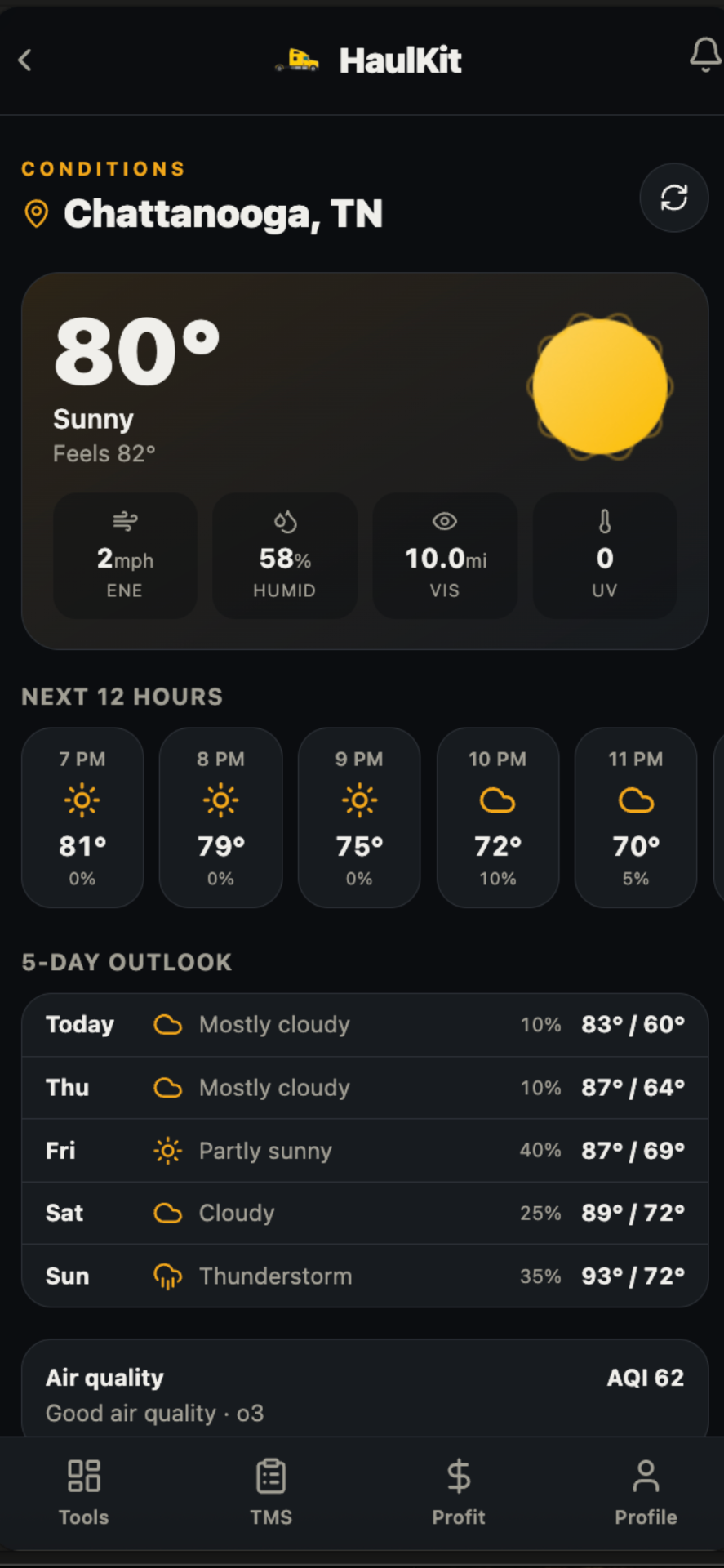 Weather & Roads screen